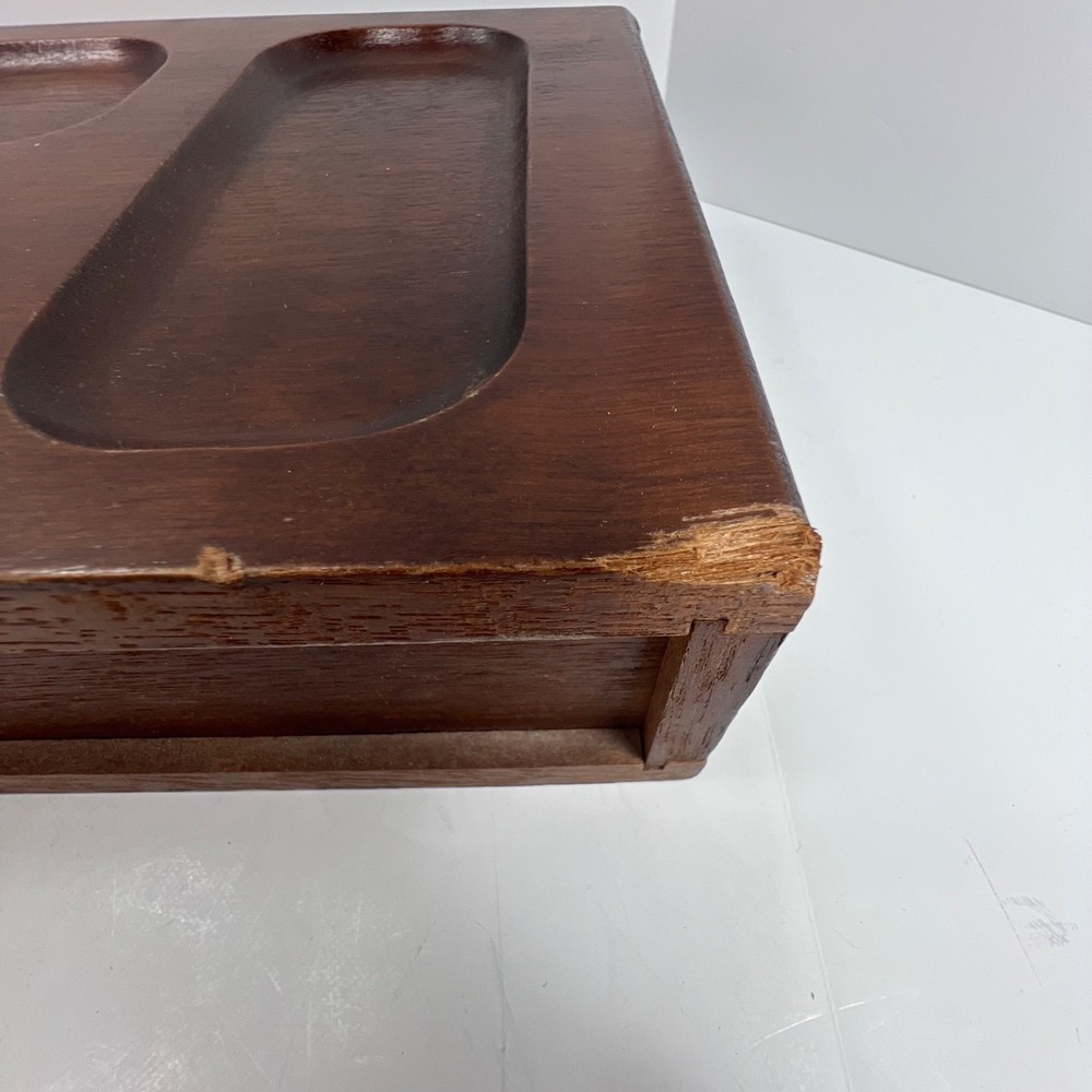 Vintage wood valet jewelry box with drawer ornate handle sunken depressions top - Picture 12 of 13